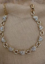 14k Gold Plated Pave Crystal Heart Bracelet Sparkly Iced Link Chain Adjustable