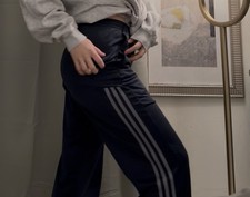 adidas Gray Stripes Navy Track Pants Polyester Knit Drawstring Pockets