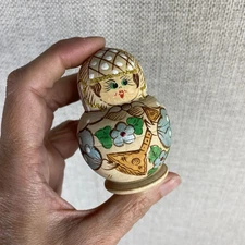 Vintage Matryoshka Folk Art Russian Nesting Dolls Pyrography Paint Gold Blue 5