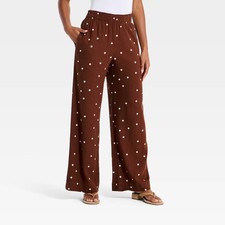 Women High-Rise Linen Wide Leg Pull-On Pants - A New Day Brown