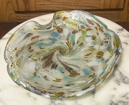 Vintage Murano Glass Shallow Dish Gold Silver Brown Blue Green Yellow Speckled