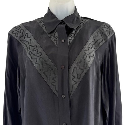 I.B. Diffusion Blouse Womens 8 Black Silk Button Front Genuine Leather Trim