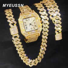 Gold Color Cuban Chain Watch for Men,hip Hop Miami Curb,iced Out Paved Rhineston