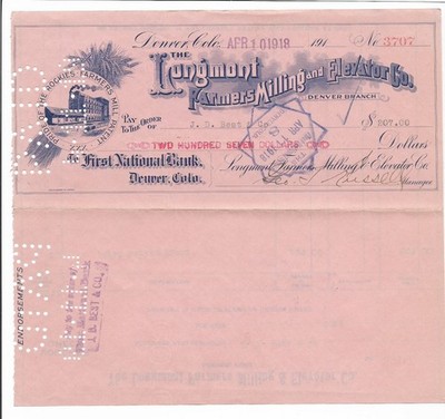 1918 LONGMONT FARMERS MILLING & ELEVATOR CO DENVER COLORADO CHECK J.D. BEST & CO