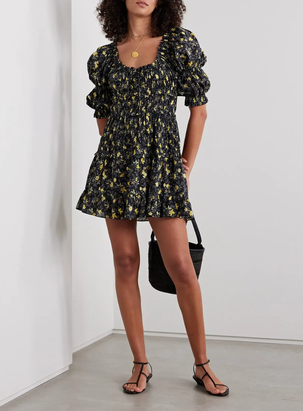 Doen Ismene Noir Winding Blossom Women's Ruffle Cotton Short Mini Dress Size M