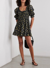 Doen Ismene Noir Winding Blossom Women's Ruffle Cotton Short Mini Dress Size M