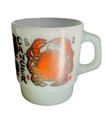 Vintage Anchor Hocking Fire-King Zodiac CANCER Crab Astrology Milk Glass Mug