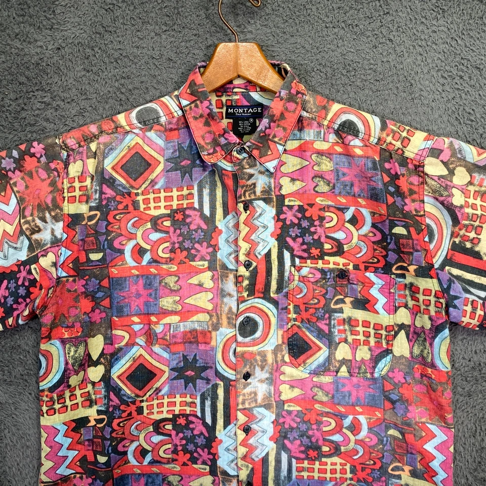 Mens Linen Cotton Short Sleeve Button Up Shirt M Graffiti Tribal Y2K - Image 3 of 4