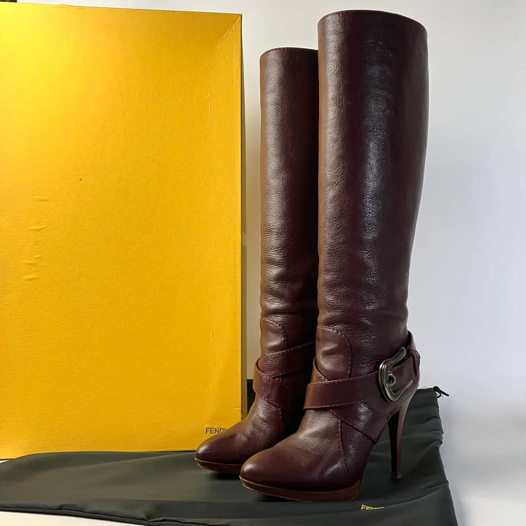 FENDI Long Boots Shoes EU 37.0 US 7.0 Leather Burgundy Authentic by JAPAN FS