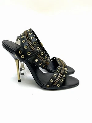 Zara Sandales À Talon Aiguilles Cuir Noir Or, Brides, Bout Ouvert, UK 5 6 7 - Photo 1/4