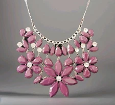 Charming Charlie Dark Purple, Acrylic Flower Cluster Necklace W/ Rhinestones 
