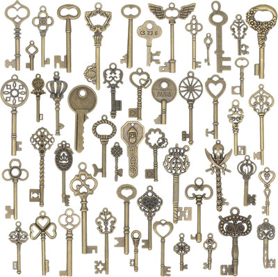 50Pcs Vintage Skeleton Key Charms Set Jewelry Making, Mixed Antique Bronze Keys