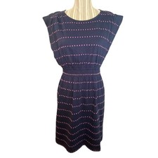 LOFT navy sleeveless dress with smocked waist and stripe embroidery