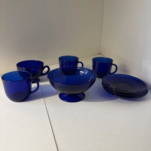 Vintage Lot Royal Blue Depression Glassware. 8 Pieces Cups, Saucers, Footed Bowl