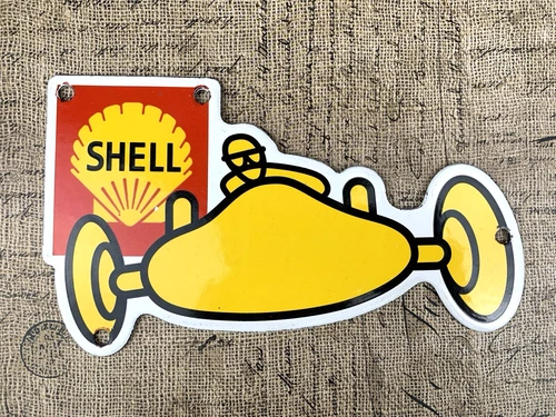 VINTAGE SHELL CAR RACING MOTOR OIL CAN GASOLINE GAS PUMP STATION PORCELAIN SIGN