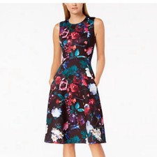 Calvin Klein Colorful Floral Sleeveless Scuba Flare Dress Size 16 Pockets