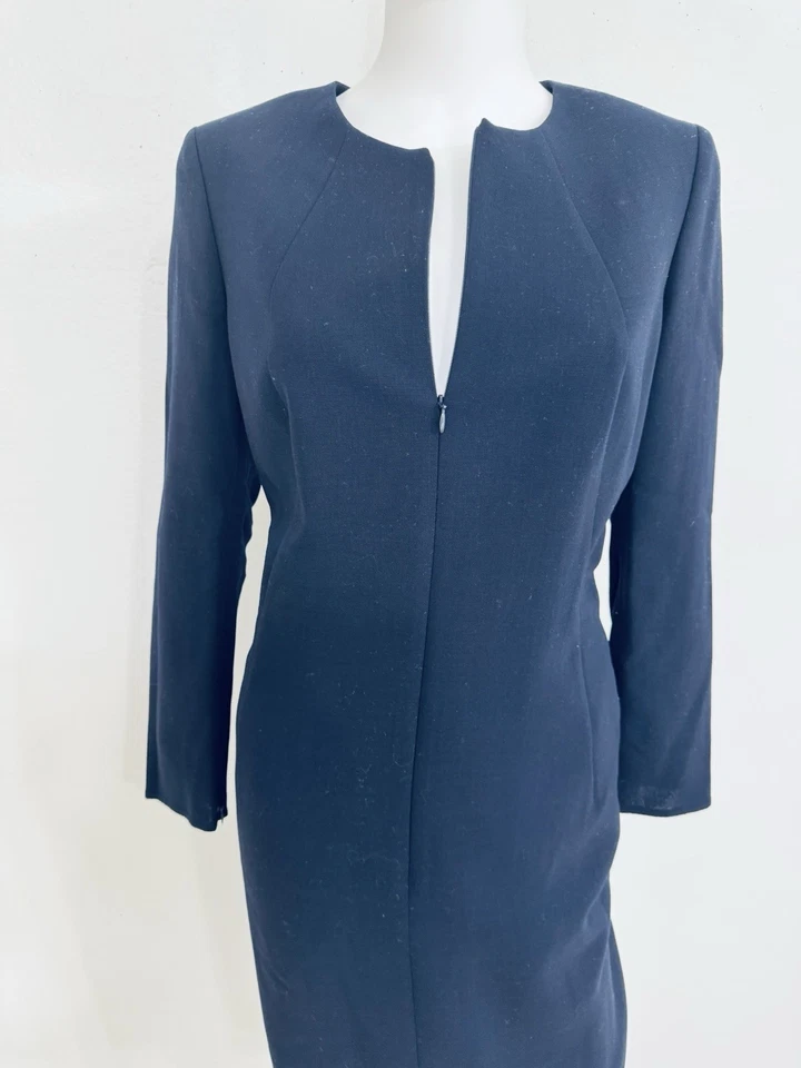 Vestido de lana elástico azul Akris altamente construido con cremallera frontal forro de seda US12 Foto 3 de 4