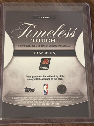 2025-26 Bowman Ryan Dunn Timeless Touch Signatures Chrome Auto #TTA-RD Suns - Picture 2 of 2