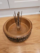 Vintage Wooden Nut Bowl With Live Edge Tree Bark Cracker & 4 Picks