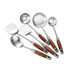 18/10 Stainless Steel Kitchen Utensils Set 6 Pcs Cooking Utensil with Wood Ha...