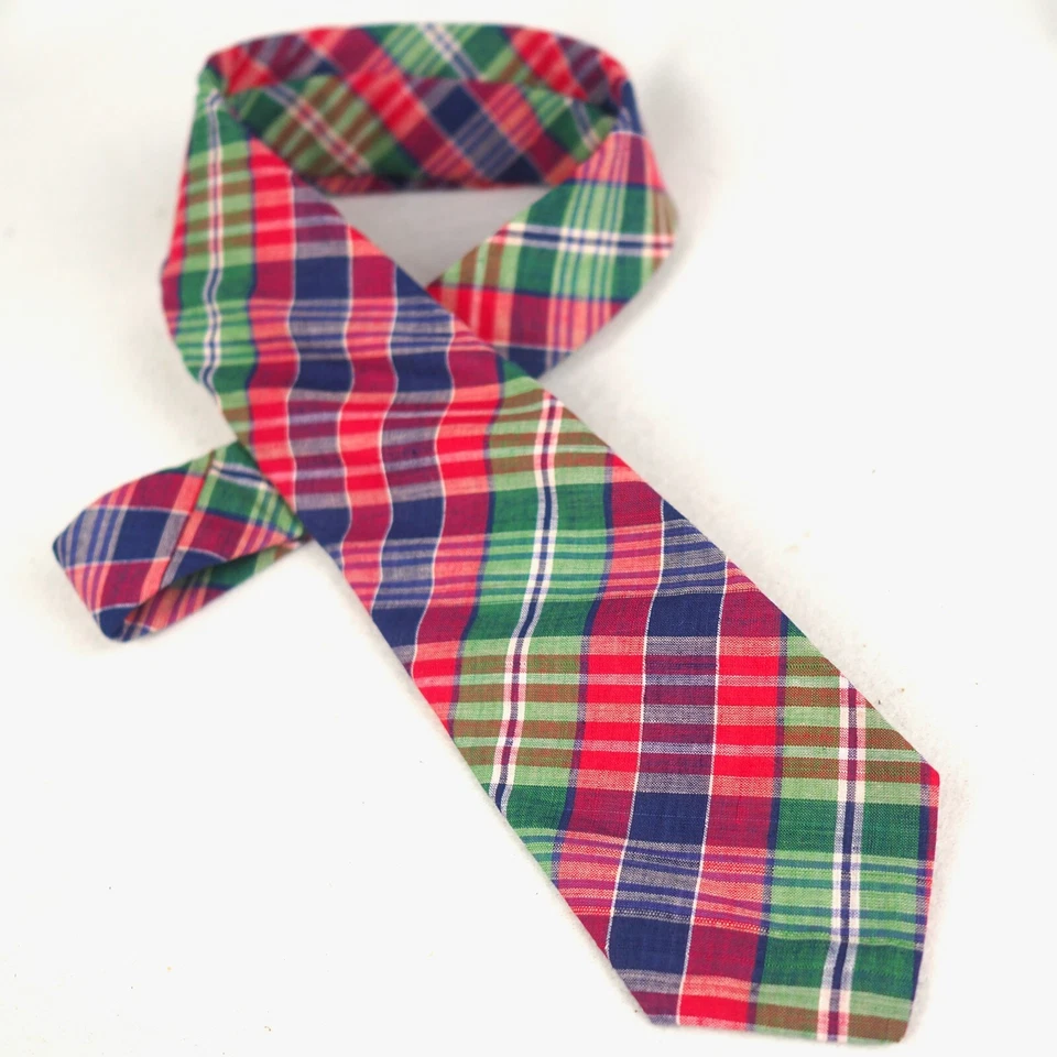 Corbata vintage de gallo hecha a mano de las madras indias roja azul verde algodón multicolor Foto 4 de 4