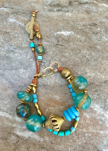 Bohemian Bracelet, Vintage Aqua Resin and African Tribal Beads - Picture 10 of 12