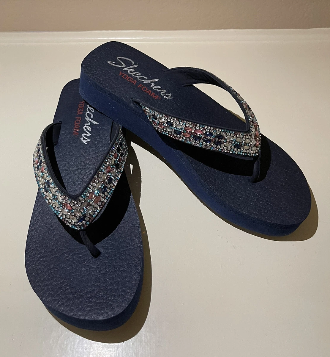 Skechers Yoga Foam Slip On Thong Flip Flop Sandals Blue Size 10