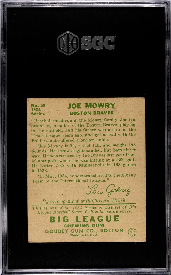 1934 Goudey #59 Joe Mowry Boston Braves SGC 4 VGEX - Image 2 of 2