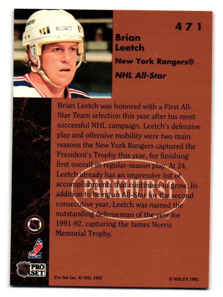 1991-92 Brian Leetch Parkhurst All-Star Team #471 - New York Rangers - Image 2 of 2