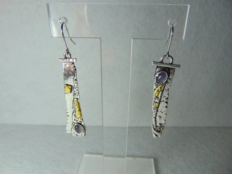 ORECCHINI DONNA PENDENTI STILE ETNICO IN METALLI MISTI CON PIETRA VIOLA OVALE - Immagine 4 di 4