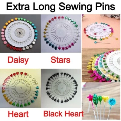 Plastic Headed Extra Long Pins Asst Colour Dress Making Craft Daisy Heart Stars