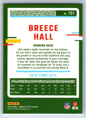 2023 Donruss Optic Breece Hall New York Jets #151 - Picture 2 of 2