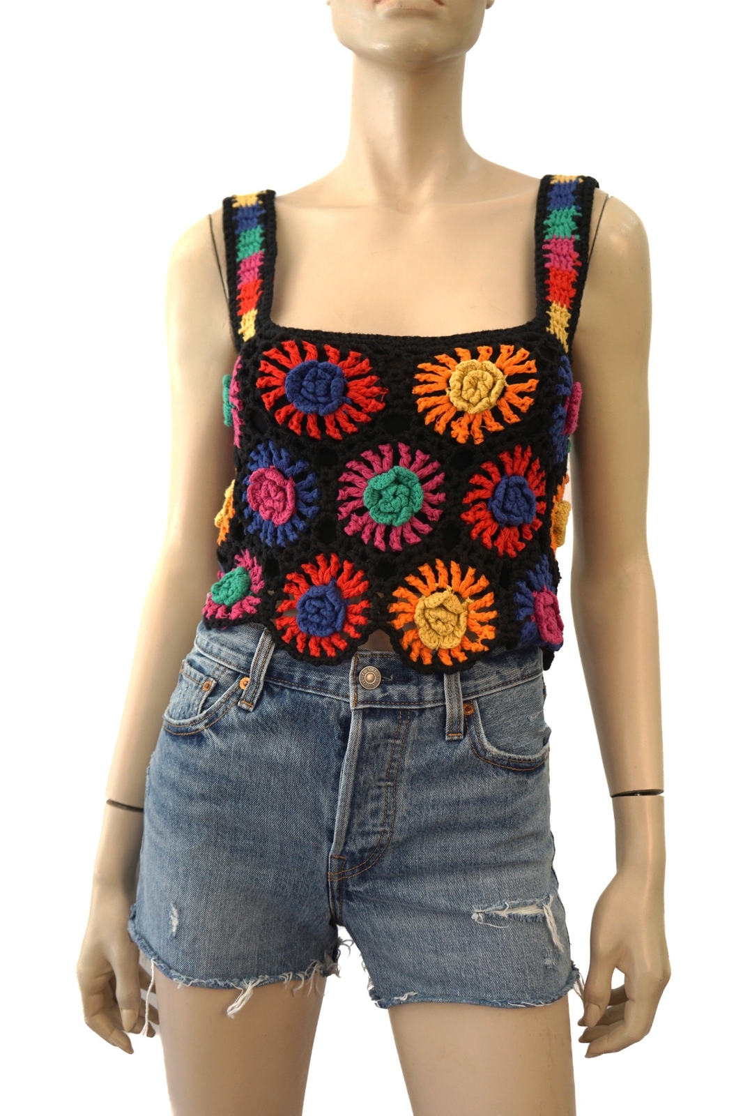 FARM RIO Sleeveless Crochet Flowers Crop Tank Top XS Gem