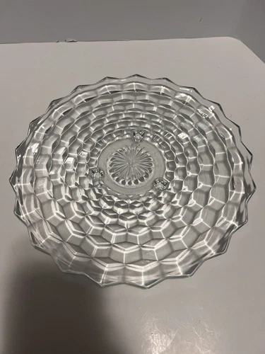 Vintage 12” Fostoria American Cubist Clear 2056 Glass 3-Toe Cake Platter/Tray