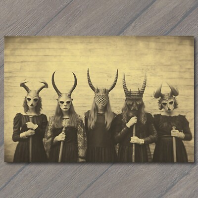 POSTCARD Weird Creepy Vintage Vibe Horned Masks Halloween Cult Unusual