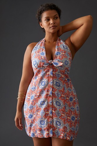 Maeve Halter Slim Mini Dress Anthropologie Button Printed V Neck Small S NWT