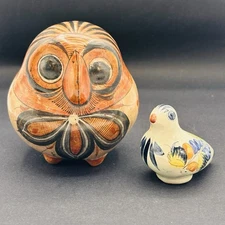 Mexican Tonala Nogal Stoneware Pottery Owl + Bird Signed Vintage Lot of 2