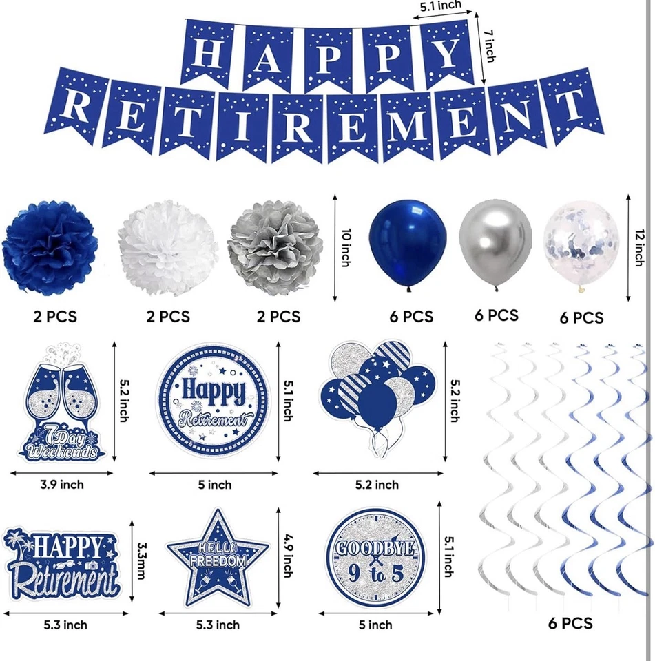 Decoraciones de fiesta de jubilación hombres mujeres azul plata feliz fiesta de jubilación NUEVO Foto 2 de 3