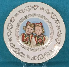 Vintage Figgjo Flint Norway Porcelain "Marie" Wall Plate Twin Girls Gilt Rim 11"