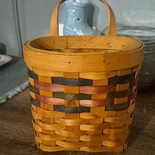 Round Woven Wood Storage Basket w/ Handle, Brown Multi-Color Weave, 1 Pack