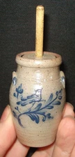 1990 Rowe Pottery Works Salt Glaze Stoneware Cobalt Blue Bird Mini Butter Churn