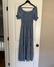 Max Studio London Blue White Floral Square Neck Smocked Puff Sleeve Midi S