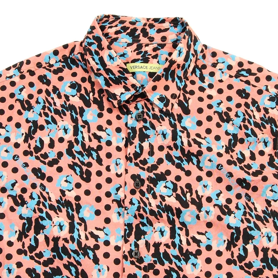 Versace джинсы рубашка мужская средний розовый горошек леопард на пуговицах сделано в США - Изображение 4 из 4