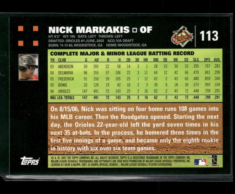 2007 Topps Nick Markakis #113 - Baltimore Orioles - Lot of 2 - Image 3 of 4