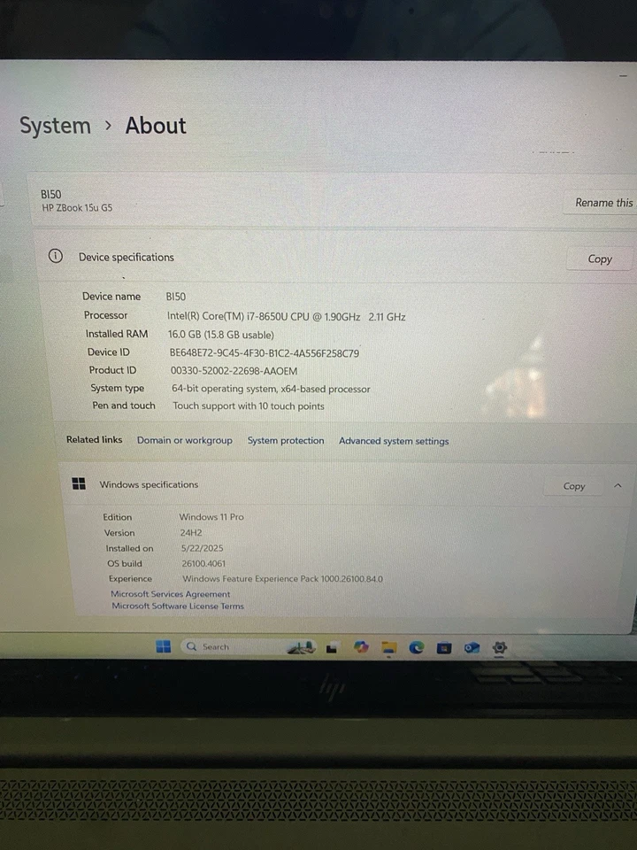 HP ZBook 15u G5 Laptop i7-8650U 1.9GHz 16GB RAM 512GB SSD Windows 11 Pro - Image 4 of 4