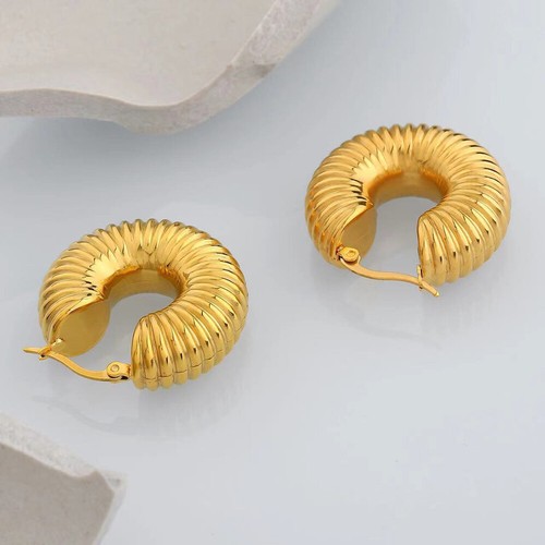 14K Gold EP Hoop Earrings Huggie Chunky Lightweight Screw Thread Jewelry Women - Picture 2 of 9