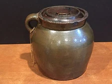 Antique Primitive Brownware Stoneware Jug Pot Crock with Lid