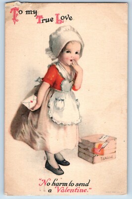 Wolf Signed Artist Postcard Valentine Little Girl Box Heart Dart No Harm 1924