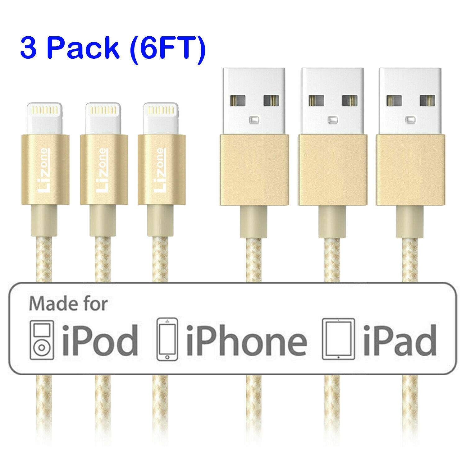3X Lightning Cable 6Ft iPhone iPad iPod Charger Cord MFi Certified Nylon Gold-image