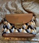 Spartina 449 Blue Khaki Handbag Hipster Crossbody Purse Leather Linen Geometric
